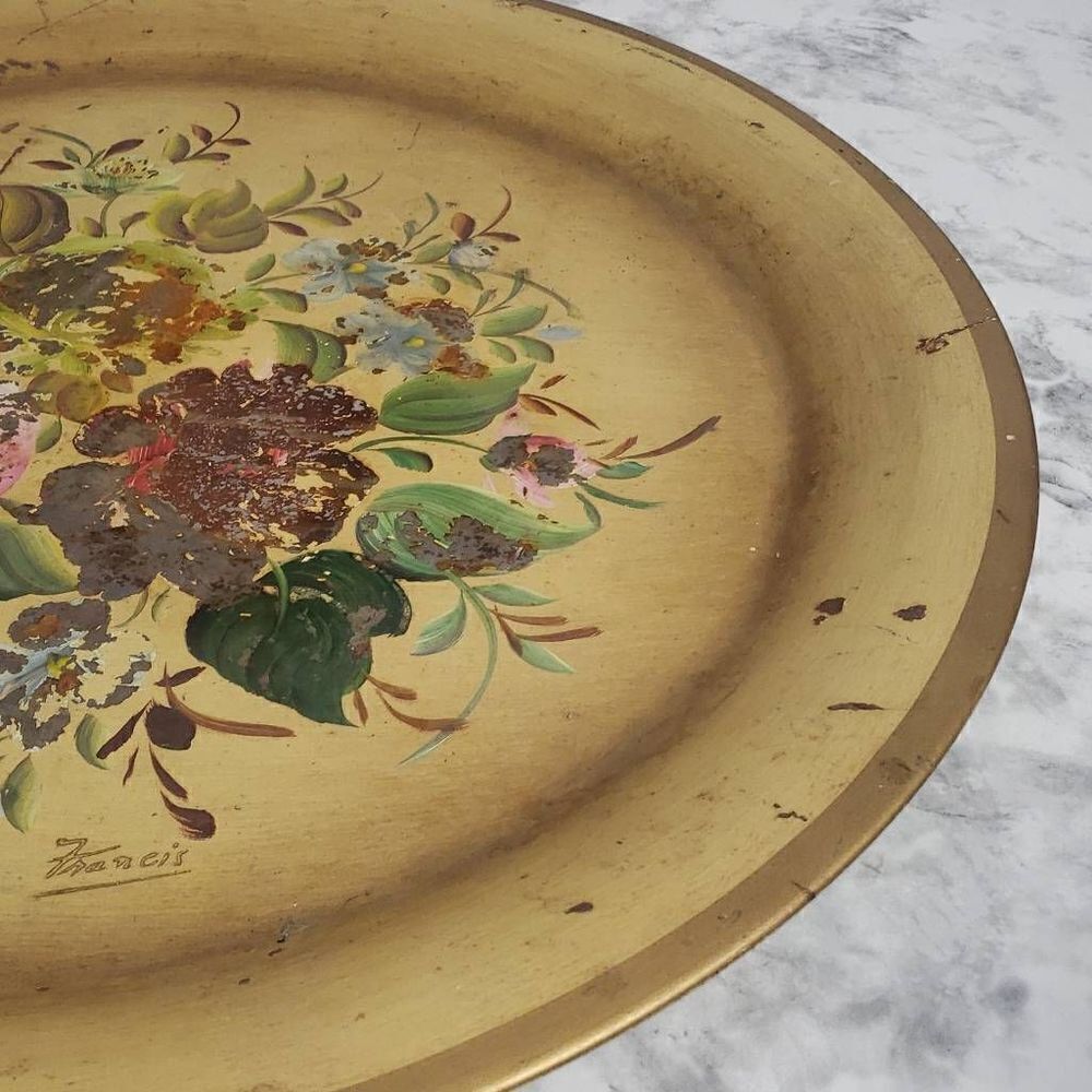 Vintage Nashco Tan and Floral Rustic Round Tray - Picture 6 of 13